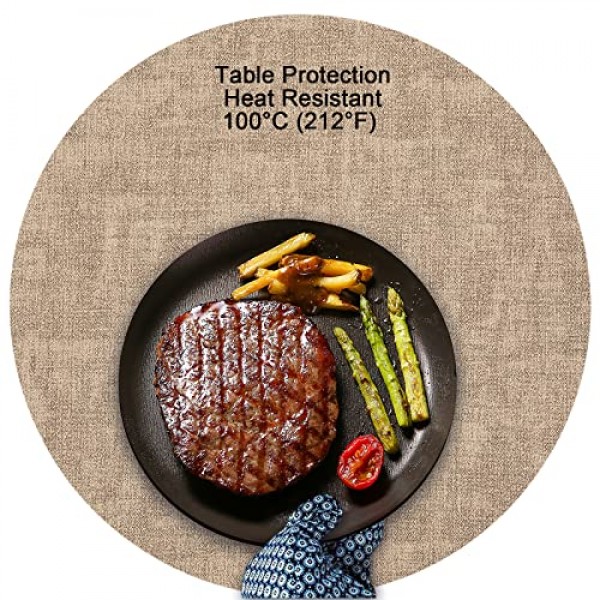 Myir JUN 라운드 플레이스매트 양면 인조 가죽 플레이스 매트 식탁용 실내 플레이스매트 4개 세트 야외 플레이스매트 미끄럼 방지 세탁 가능 테이블 매트(회색 베이지, 4