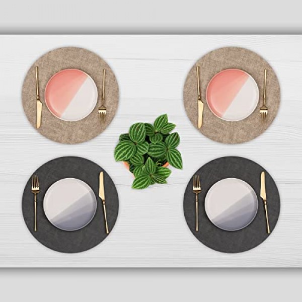 Myir JUN 라운드 플레이스매트 양면 인조 가죽 플레이스 매트 식탁용 실내 플레이스매트 4개 세트 야외 플레이스매트 미끄럼 방지 세탁 가능 테이블 매트(회색 베이지, 4