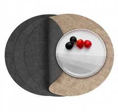 Myir JUN 라운드 플레이스매트 양면 인조 가죽 플레이스 매트 식탁용 실내 플레이스매트 4개 세트 야외 플레이스매트 미끄럼 방지 세탁 가능 테이블 매트(회색 베이지, 4