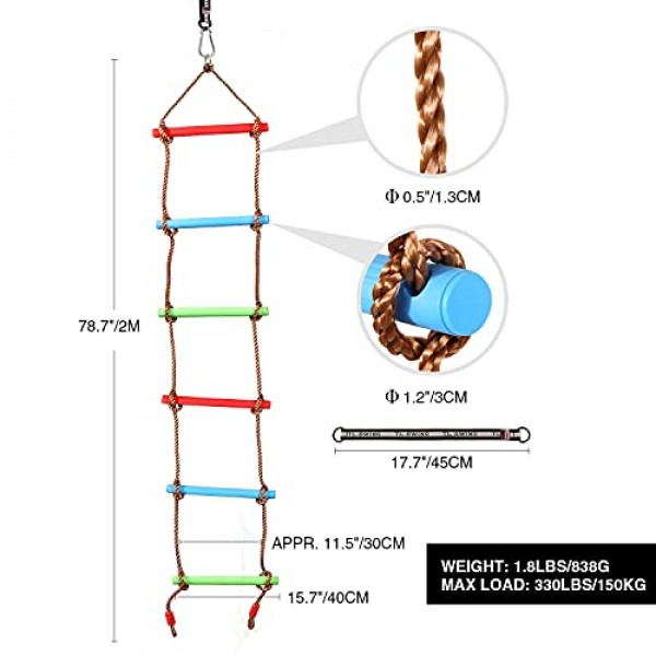 RedSwing 6.6피트 어린이용 로프 사다리, 스윙 세트용 등반 사다리, 스트랩 1개가 있는 행잉 로프 사다리, 놀이 세트, 야외, 나무 위의 집, 놀이터, 닌자 슬랙라인에 적합