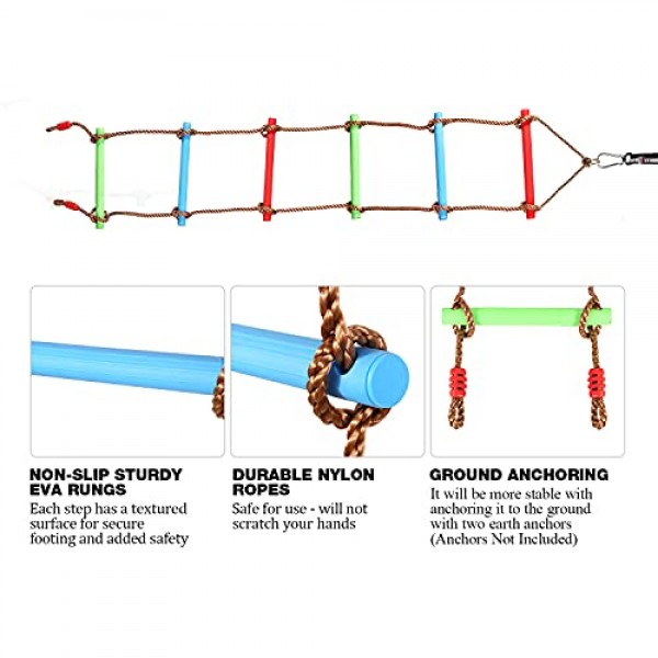 RedSwing 6.6피트 어린이용 로프 사다리, 스윙 세트용 등반 사다리, 스트랩 1개가 있는 행잉 로프 사다리, 놀이 세트, 야외, 나무 위의 집, 놀이터, 닌자 슬랙라인에 적합