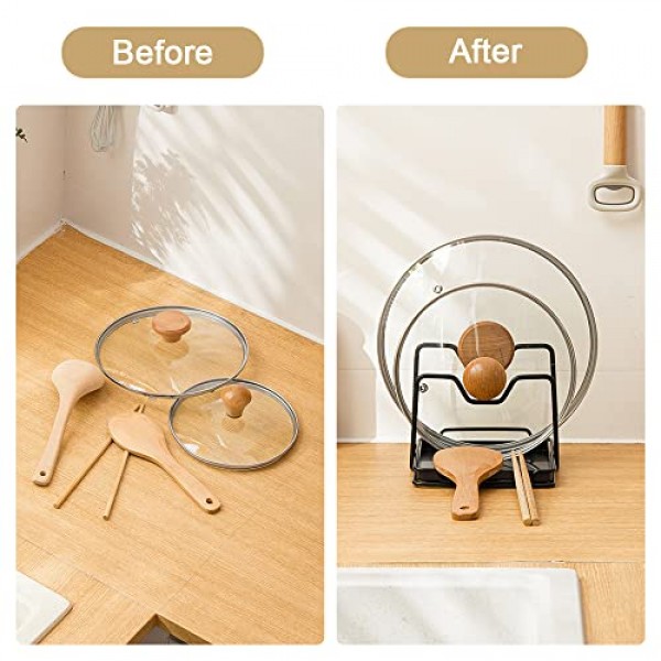 SUNFCON 냄비 팬 뚜껑 홀더 커팅 보드 랙 도마 주최자 스탠드 스푼 레스트 w 드립 트레이 주방 수조 블랙