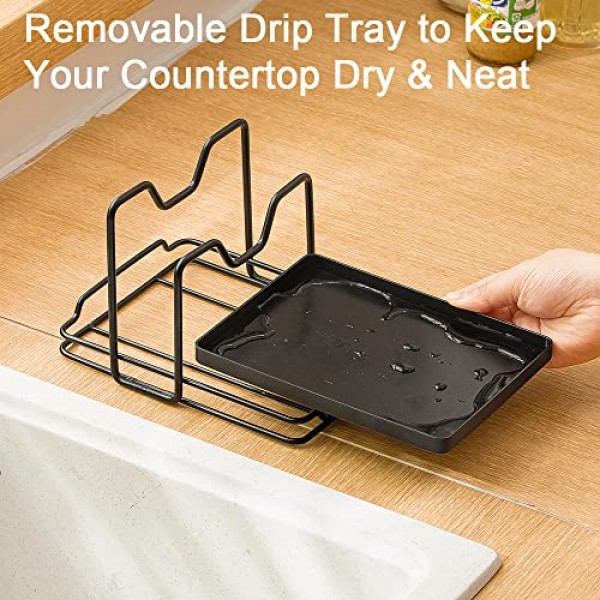 SUNFCON 냄비 팬 뚜껑 홀더 커팅 보드 랙 도마 주최자 스탠드 스푼 레스트 w 드립 트레이 주방 수조 블랙