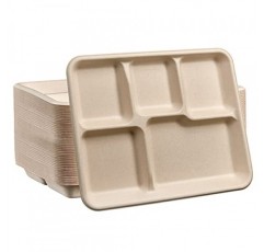 100% 퇴비화 가능 5칸 접시 [125팩] 친환경 일회용 사탕수수 10인치 종이 트레이 - 갈색 표백되지 않음