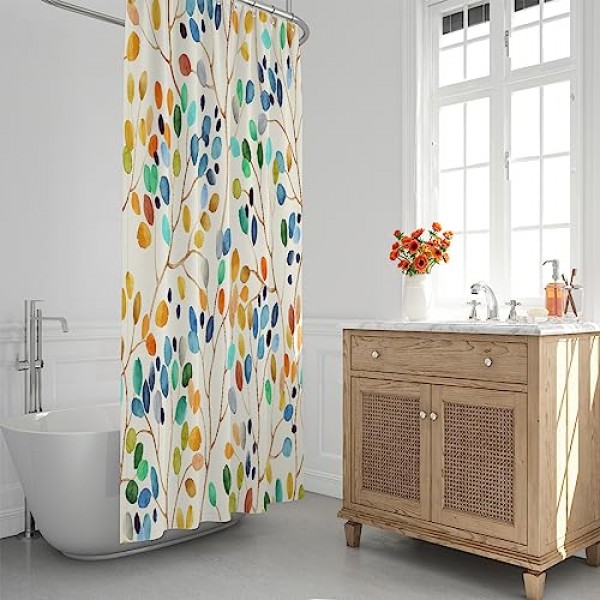 Decoreagy 화려한 나뭇잎 나뭇가지에 반점 샤워 커튼 세트, 추상 아이보리 색상 배경 ​​욕실 커튼, 현대 미니멀 목욕 커튼, 12 후크가 있는 방수 패브릭 72x72 인치