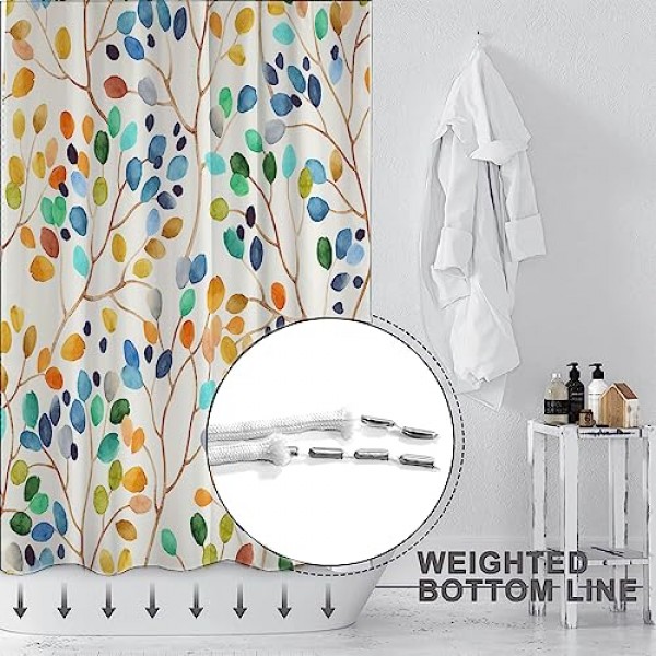 Decoreagy 화려한 나뭇잎 나뭇가지에 반점 샤워 커튼 세트, 추상 아이보리 색상 배경 ​​욕실 커튼, 현대 미니멀 목욕 커튼, 12 후크가 있는 방수 패브릭 72x72 인치