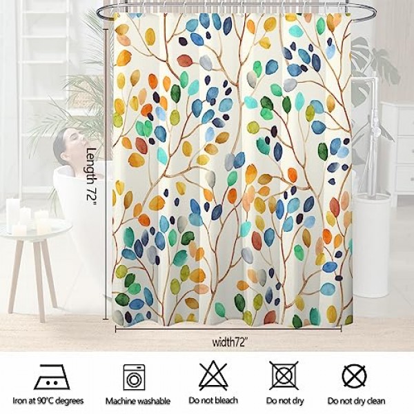 Decoreagy 화려한 나뭇잎 나뭇가지에 반점 샤워 커튼 세트, 추상 아이보리 색상 배경 ​​욕실 커튼, 현대 미니멀 목욕 커튼, 12 후크가 있는 방수 패브릭 72x72 인치