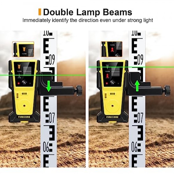 라인 레이저 레벨용 Firecore 레이저 감지기, 최대 197피트의 펄스 라인 레이저와 함께 사용되는 디지털 레이저 수신기, 녹색 및 빨간색 레이저 빔 감지를 위한 양면 LCD 