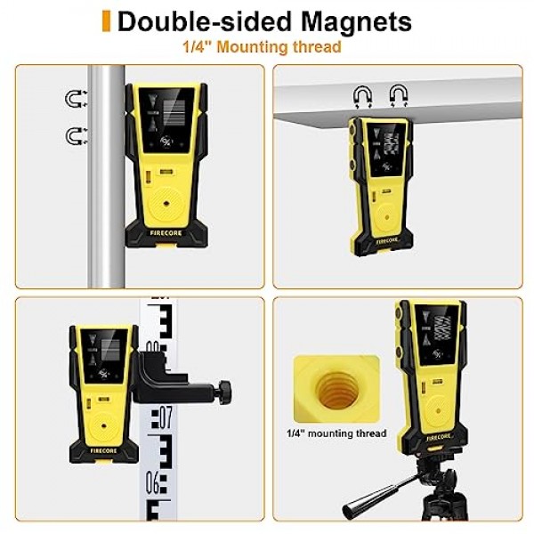 라인 레이저 레벨용 Firecore 레이저 감지기, 최대 197피트의 펄스 라인 레이저와 함께 사용되는 디지털 레이저 수신기, 녹색 및 빨간색 레이저 빔 감지를 위한 양면 LCD 