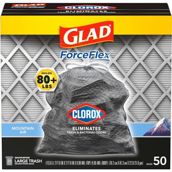 Glad 대형 조임끈 쓰레기 봉투, Clorox가 포함된 ForceFlex, 30갤런, Mountain Air, 50개