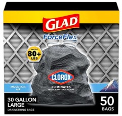 Glad 대형 조임끈 쓰레기 봉투, Clorox가 포함된 ForceFlex, 30갤런, Mountain Air, 50개