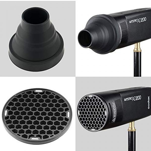 GODOX H200R 링 플래시 헤드 + AK-R1 Godox AD200 포켓 플래시용 액세서리 키트(디퓨저 볼, 컬러 필터, 허니 콤, 스누트, 헛간 도어 및 H200R 원형 플래시 헤드)(H200R+AK-R1)