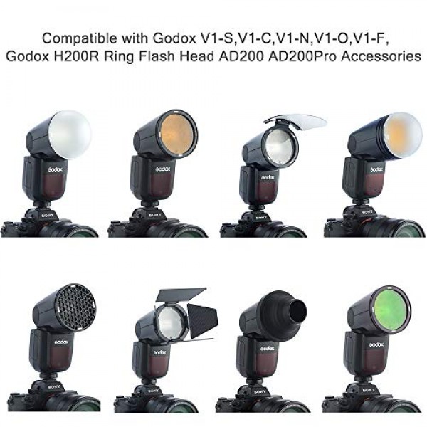 GODOX H200R 링 플래시 헤드 + AK-R1 Godox AD200 포켓 플래시용 액세서리 키트(디퓨저 볼, 컬러 필터, 허니 콤, 스누트, 헛간 도어 및 H200R 원형 플래시 헤드)(H200R+AK-R1)