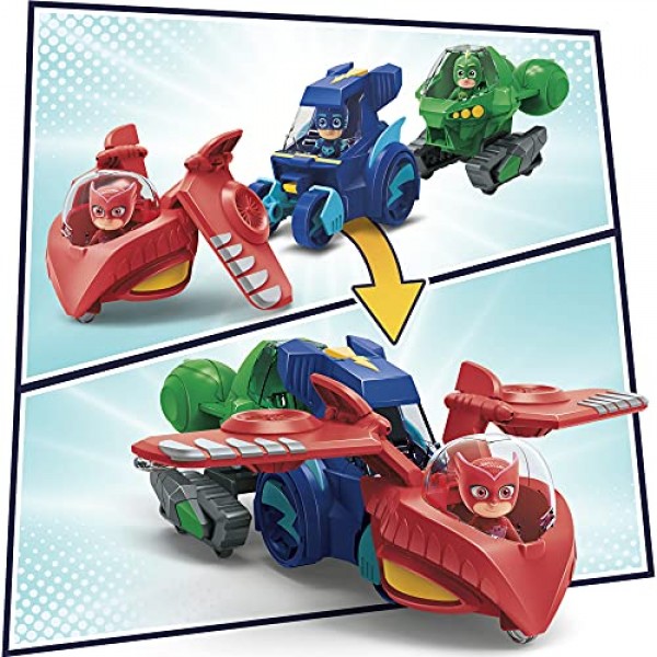 PJ Masks 3-in-1 Combiner Jet 유치원 장난감, PJ Masks 장난감 세트, PJ 마스크 3개 연결 자동차 및 3세 이상 어린이를 위한 액션 피규어 3개 포함 Frustration Free Preschool Toy