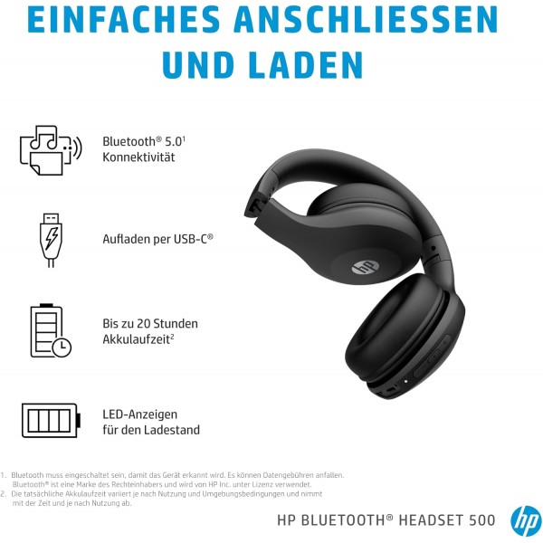 HP Bluetooth Headset 500(헤드폰, Bluetooth 5, 배터리 수명 최대 20시간, USB-C 충전 케이블, 접이식) 블랙, Unica