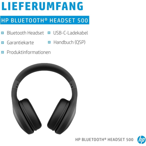 HP Bluetooth Headset 500(헤드폰, Bluetooth 5, 배터리 수명 최대 20시간, USB-C 충전 케이블, 접이식) 블랙, Unica