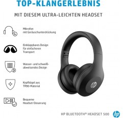 HP Bluetooth Headset 500(헤드폰, Bluetooth 5, 배터리 수명 최대 20시간, USB-C 충전 케이블, 접이식) 블랙, Unica