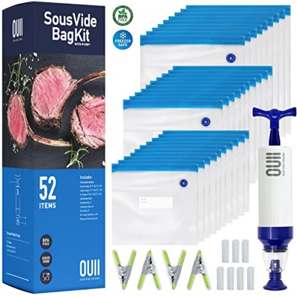 Joule 및 Anova Cooker용 OUII Sous Vide 가방 - 진공 실러 가방, 핸드 펌프, 클립이 포함된 52개 키트 - 3가지 가방 크기, 식품 보관, 식사 준비 - 모든 Sous Vide 요리 기계에 적합