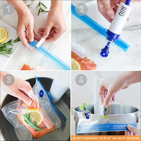 Joule 및 Anova Cooker용 OUII Sous Vide 가방 - 진공 실러 가방, 핸드 펌프, 클립이 포함된 52개 키트 - 3가지 가방 크기, 식품 보관, 식사 준비 - 모든 Sous Vide 요리 기계에 적합