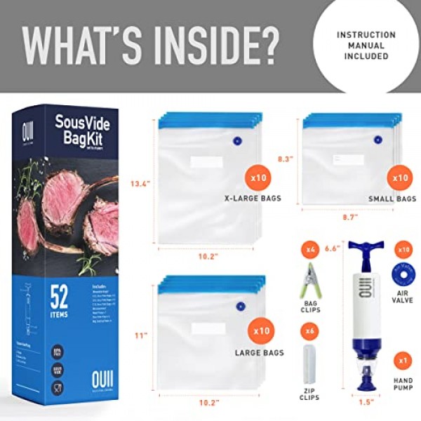 Joule 및 Anova Cooker용 OUII Sous Vide 가방 - 진공 실러 가방, 핸드 펌프, 클립이 포함된 52개 키트 - 3가지 가방 크기, 식품 보관, 식사 준비 - 모든 Sous Vide 요리 기계에 적합