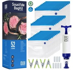Joule 및 Anova Cooker용 OUII Sous Vide 가방 - 진공 실러 가방, 핸드 펌프, 클립이 포함된 52개 키트 - 3가지 가방 크기, 식품 보관, 식사 준비 - 모든 Sous Vide 요리 기계에 적합