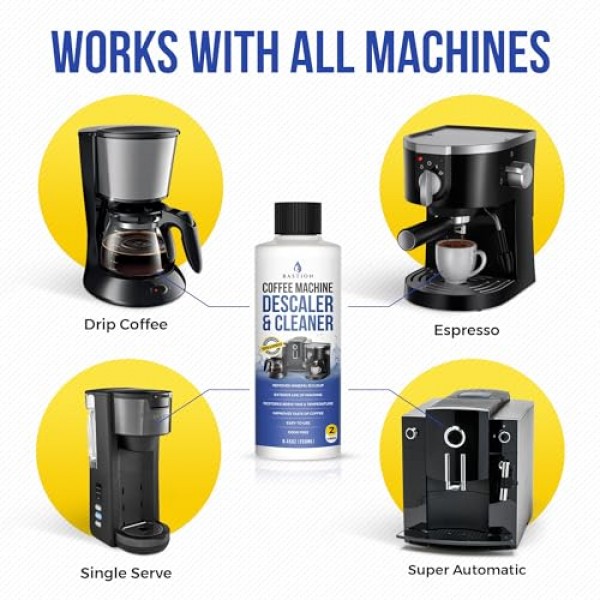 Bastion 커피 머신 디스케일러 및 클리너 - 2회 용도. (1병) Keurig, Nespresso, Delonghi 및 모든 일회용 커피 및 에스프레소 머신과 호환되는 범용 스케일 제거 솔루션
