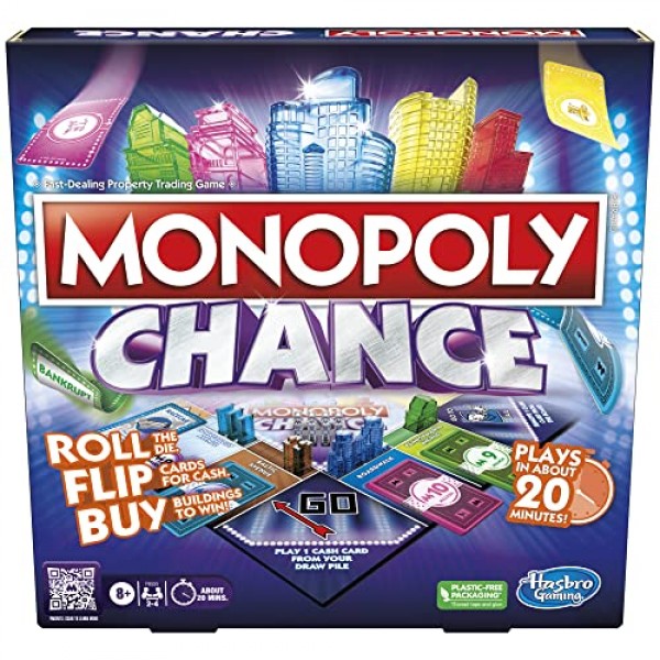성인과 어린이를 위한 Hasbro Gaming Monopoly Chance 보드 게임 | 빠르게 진행되는 가족 파티 게임 | 8세 이상 | 2-4명의 플레이어 | 20분 평균