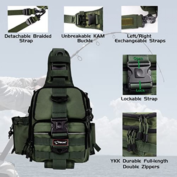 Fiblink 낚시 태클 배낭 방수 낚시 슬링 가방 로드 및 기어 홀더가 포함된 낚시 보관 팩(육군 녹색)