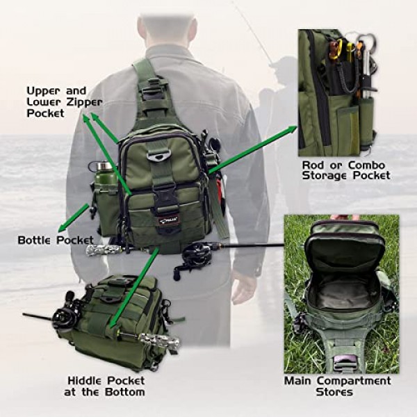 Fiblink 낚시 태클 배낭 방수 낚시 슬링 가방 로드 및 기어 홀더가 포함된 낚시 보관 팩(육군 녹색)