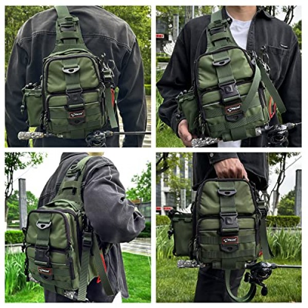 Fiblink 낚시 태클 배낭 방수 낚시 슬링 가방 로드 및 기어 홀더가 포함된 낚시 보관 팩(육군 녹색)