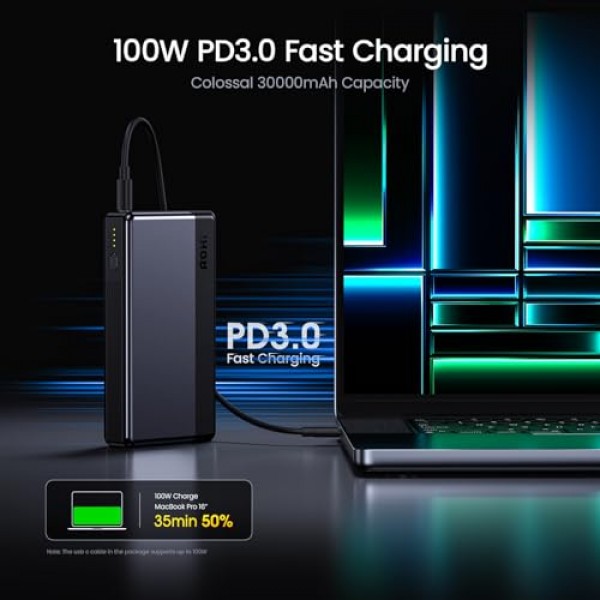 AOHI 노트북 전원 은행 100W 30000mAh USB C 휴대용 충전기 PD3.0 고속 충전 배터리 팩 MacBook Pro/Air, XPS, iPad Pro, iPhone 15/14/13, Galaxy,Steam Deck, Switch, Black용 PPS 휴대용 충전기