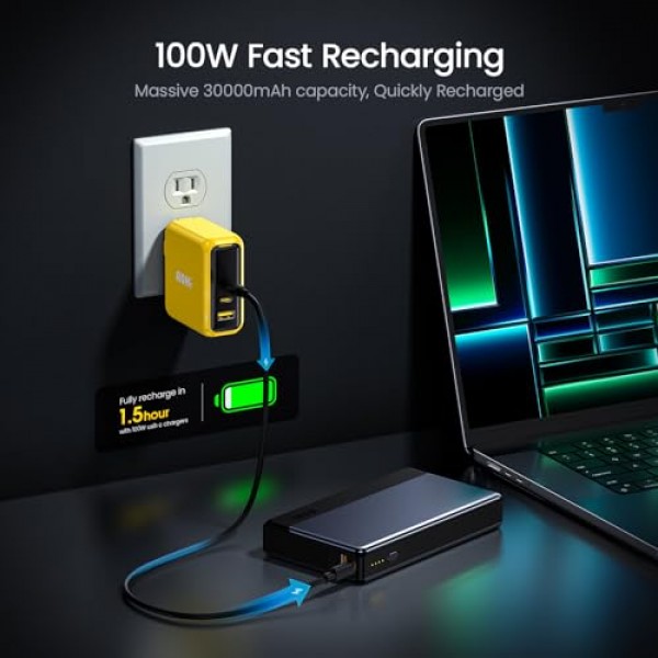 AOHI 노트북 전원 은행 100W 30000mAh USB C 휴대용 충전기 PD3.0 고속 충전 배터리 팩 MacBook Pro/Air, XPS, iPad Pro, iPhone 15/14/13, Galaxy,Steam Deck, Switch, Black용 PPS 휴대용 충전기