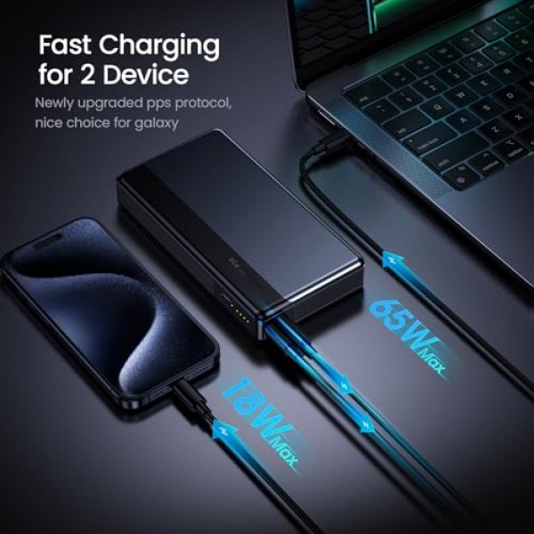 AOHI 노트북 전원 은행 100W 30000mAh USB C 휴대용 충전기 PD3.0 고속 충전 배터리 팩 MacBook Pro/Air, XPS, iPad Pro, iPhone 15/14/13, Galaxy,Steam Deck, Switch, Black용 PPS 휴대용 충전기