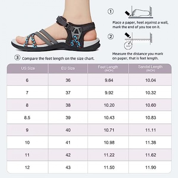 MEGNYA 여성용 하이킹 샌들, 편안한 워킹 샌들 후크 루프 스트랩, 스포츠 경량 슬라이드