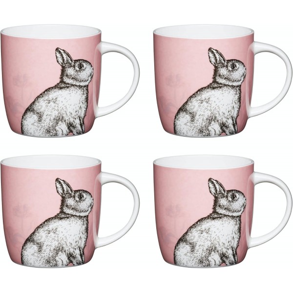KitchenCraft China 'Rabbit' 배럴 모양 프린트 동물 머그, 차 또는 커피 컵, 전자레인지 및 식기세척기 안전, 425ml - 핑크(4개 세트) POKCMBAR140