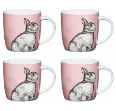 KitchenCraft China 'Rabbit' 배럴 모양 프린트 동물 머그, 차 또는 커피 컵, 전자레인지 및 식기세척기 안전, 425ml - 핑크(4개 세트) POKCMBAR140