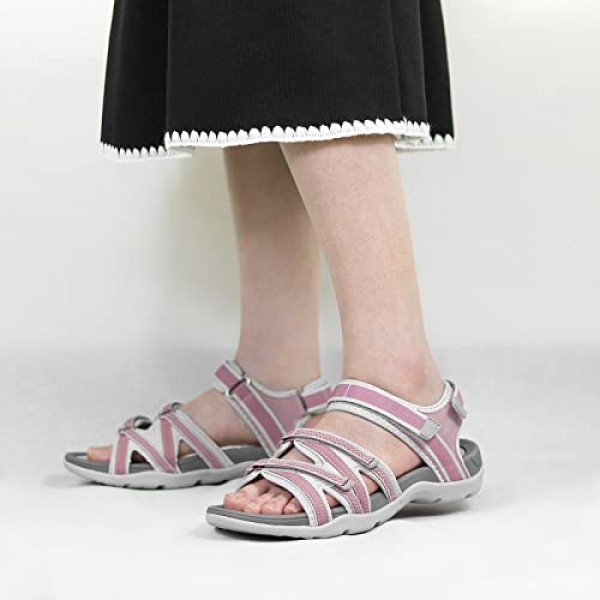 GRITION 여성 하이킹 샌들 와이드 야외 소녀 스포츠 여름 플랫 비치 워터 슈즈 오픈 발가락 조정 가능한 운동화