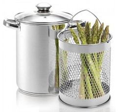 AVLA 아스파라거스 냄비, 4쿼트 스테인리스 스틸 스티머 쿠커, 파스타, 스파게티, 삶은 계란, 새우, 감자 튀김용 오일 딥 프라이 팬을 위한 탈착식 바구니와 뚜껑이 있는