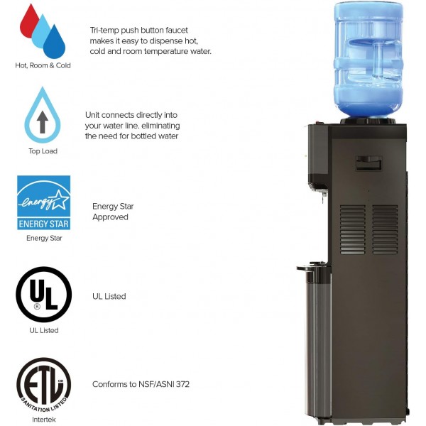 Brio 한정판 탑 로딩 워터 쿨러 디스펜서 - 블랙 스테인리스 스틸 - 냉온수, 어린이 안전 잠금 장치, 3 또는 5갤런 병 보관 - UL/Energy Star 승인