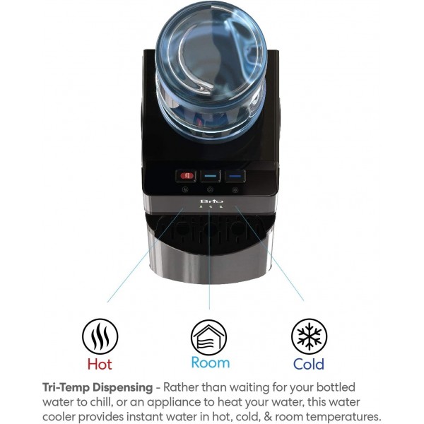 Brio 한정판 탑 로딩 워터 쿨러 디스펜서 - 블랙 스테인리스 스틸 - 냉온수, 어린이 안전 잠금 장치, 3 또는 5갤런 병 보관 - UL/Energy Star 승인