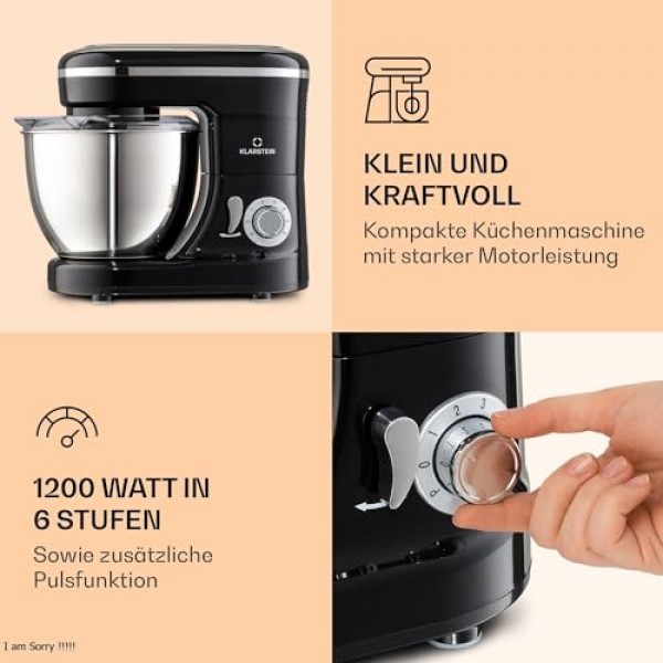 Klarstein Bella 푸드 프로세서 - 6가지 속도 레벨을 갖춘 반죽 및 혼합기, 스테인리스 스틸, 펄스 기능, 유성식 혼합 시스템, 혼합 장치 3개, 1,200W 전력, 검정색