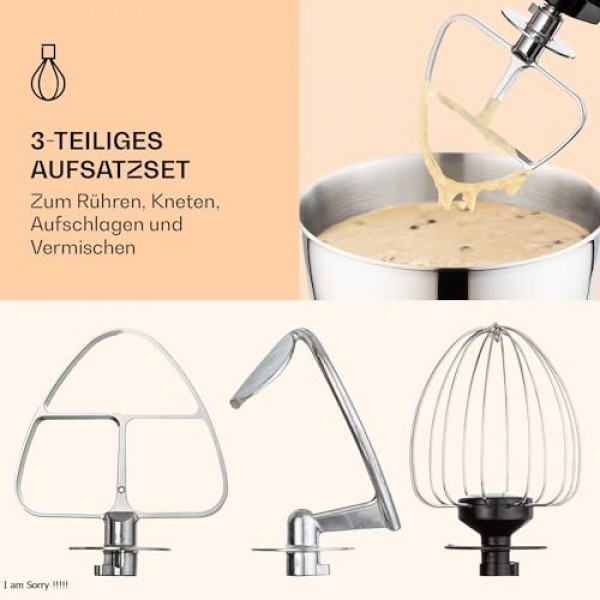 Klarstein Bella 푸드 프로세서 - 6가지 속도 레벨을 갖춘 반죽 및 혼합기, 스테인리스 스틸, 펄스 기능, 유성식 혼합 시스템, 혼합 장치 3개, 1,200W 전력, 검정색