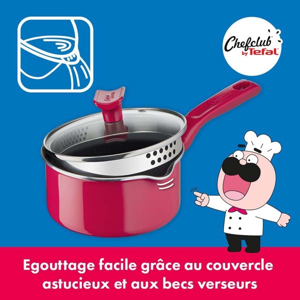 Tefal G80622 Chefclub 스튜 냄비 16 cm + 유리 뚜껑 | 티타늄 논스틱 코팅 | 열 신호 온도 표시기 | 안전한 요리 | 쉬운 청소 | 유도에 적합 | 빨간색