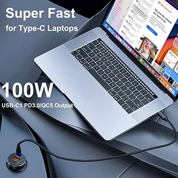 130W USB C 차량용 고속 충전기(100W 케이블 포함), PD 100W PPS 45W QC5 30W 시가 라이터 유형 C 충전기, iPad Pro MacBook Pro Air 노트북 iPhone 15 14 13 Pro Max Plus Samsung S23 Ultra S22 S21