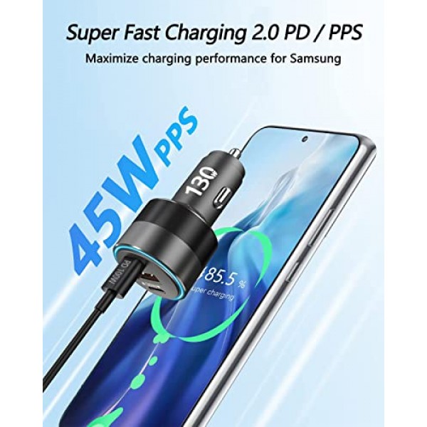 130W USB C 차량용 고속 충전기(100W 케이블 포함), PD 100W PPS 45W QC5 30W 시가 라이터 유형 C 충전기, iPad Pro MacBook Pro Air 노트북 iPhone 15 14 13 Pro Max Plus Samsung S23 Ultra S22 S21