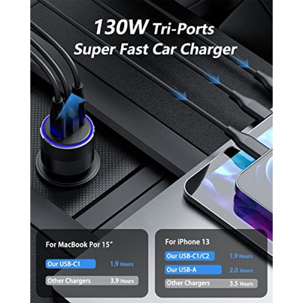 130W USB C 차량용 고속 충전기(100W 케이블 포함), PD 100W PPS 45W QC5 30W 시가 라이터 유형 C 충전기, iPad Pro MacBook Pro Air 노트북 iPhone 15 14 13 Pro Max Plus Samsung S23 Ultra S22 S21