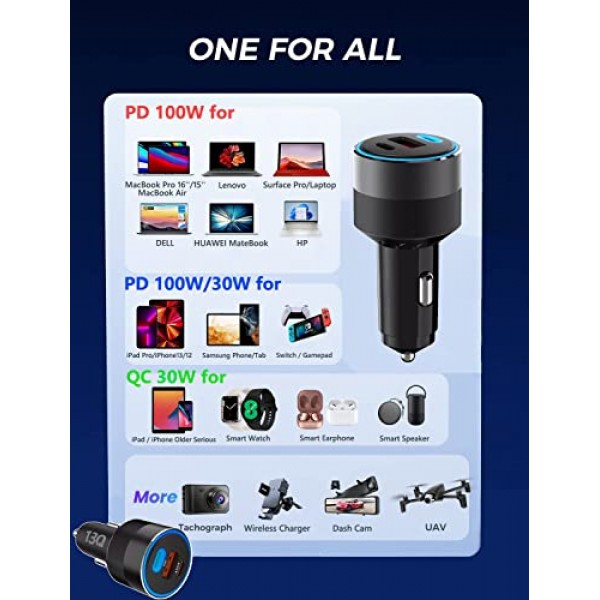 130W USB C 차량용 고속 충전기(100W 케이블 포함), PD 100W PPS 45W QC5 30W 시가 라이터 유형 C 충전기, iPad Pro MacBook Pro Air 노트북 iPhone 15 14 13 Pro Max Plus Samsung S23 Ultra S22 S21