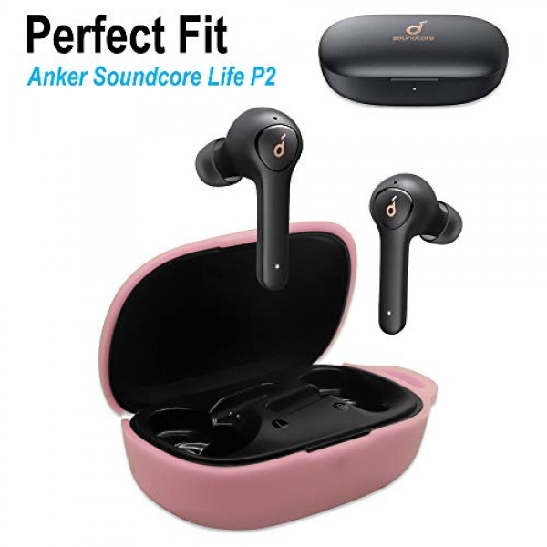 Anker Soundcore Life P2 실리콘 운반 케이스와 호환되는 Geiomoo, 카라비너가 포함된 휴대용 스크래치 충격 방지 커버(핑크색)