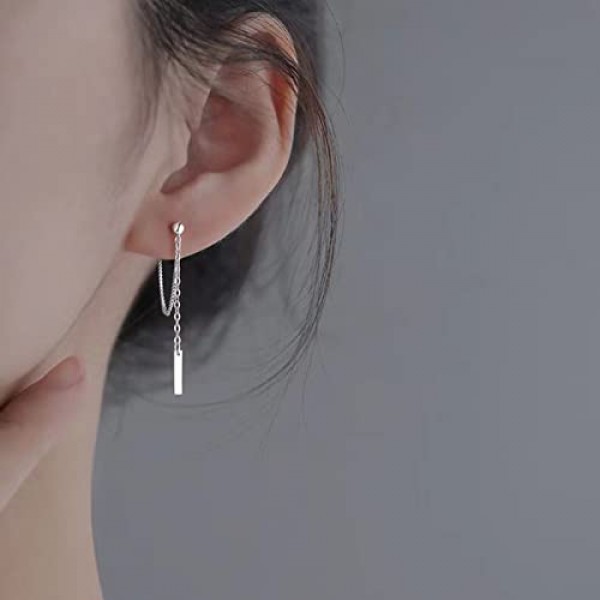 SIXDUTON 925 스털링 실버 바 드롭 귀걸이 체인 여성용 긴 체인 귀 라인 소녀 Threader Dangle 귀걸이, 스털링 실버