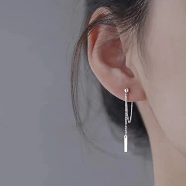 SIXDUTON 925 스털링 실버 바 드롭 귀걸이 체인 여성용 긴 체인 귀 라인 소녀 Threader Dangle 귀걸이, 스털링 실버
